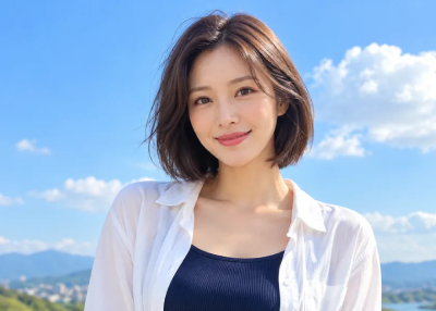푸른 하늘을 배경으로 미소 짓는 여성